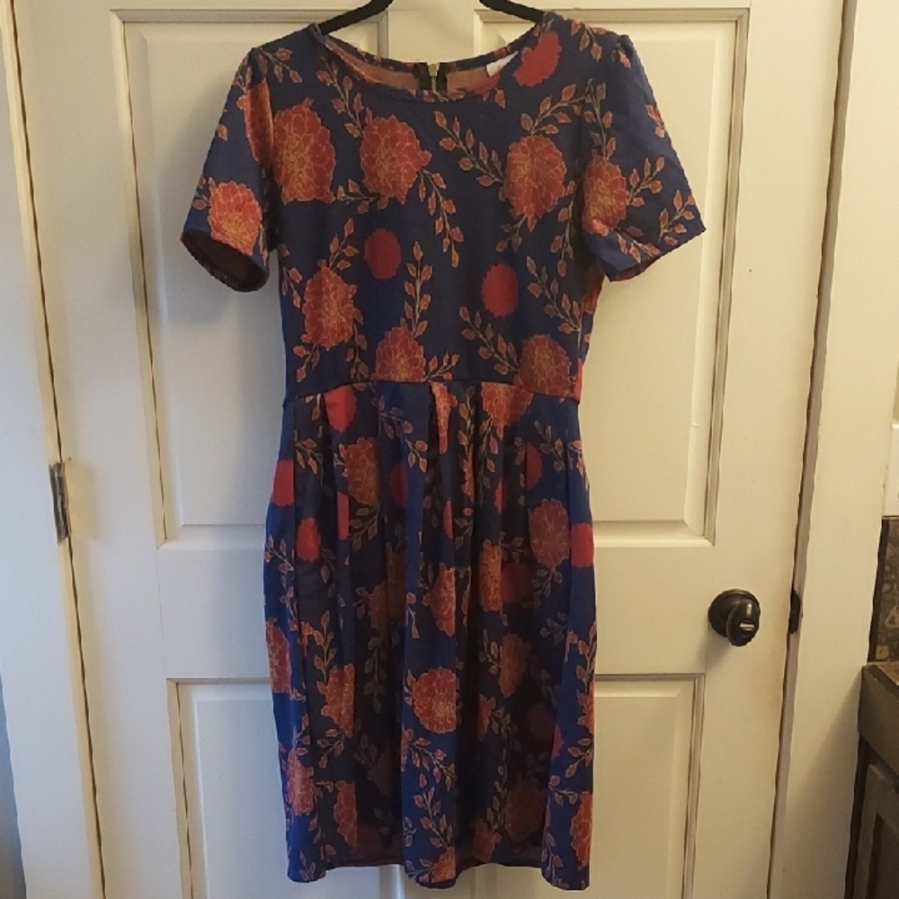 LuLaRoe Amelia Casual Blue and Orange Midi Dress